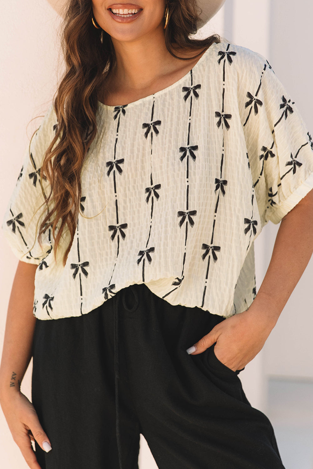 Bow Print Puff Short Sleeve Top