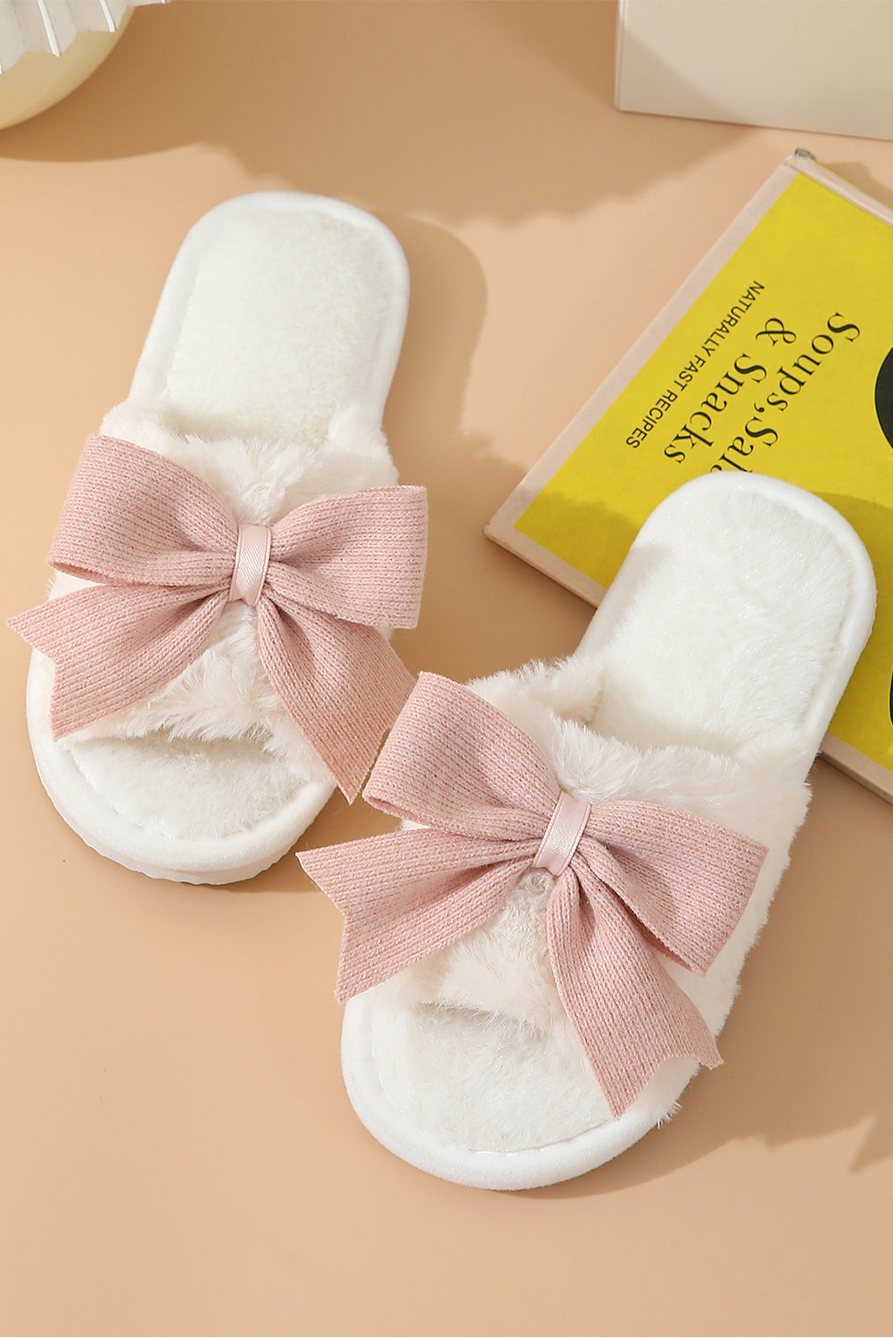 Bow Knot Decor Open Toe Plush Slippers