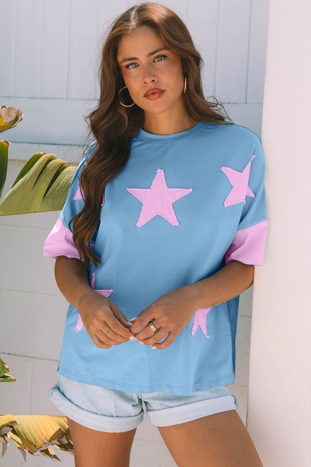 Frayed Denim Star Patched Oversize T Shirt