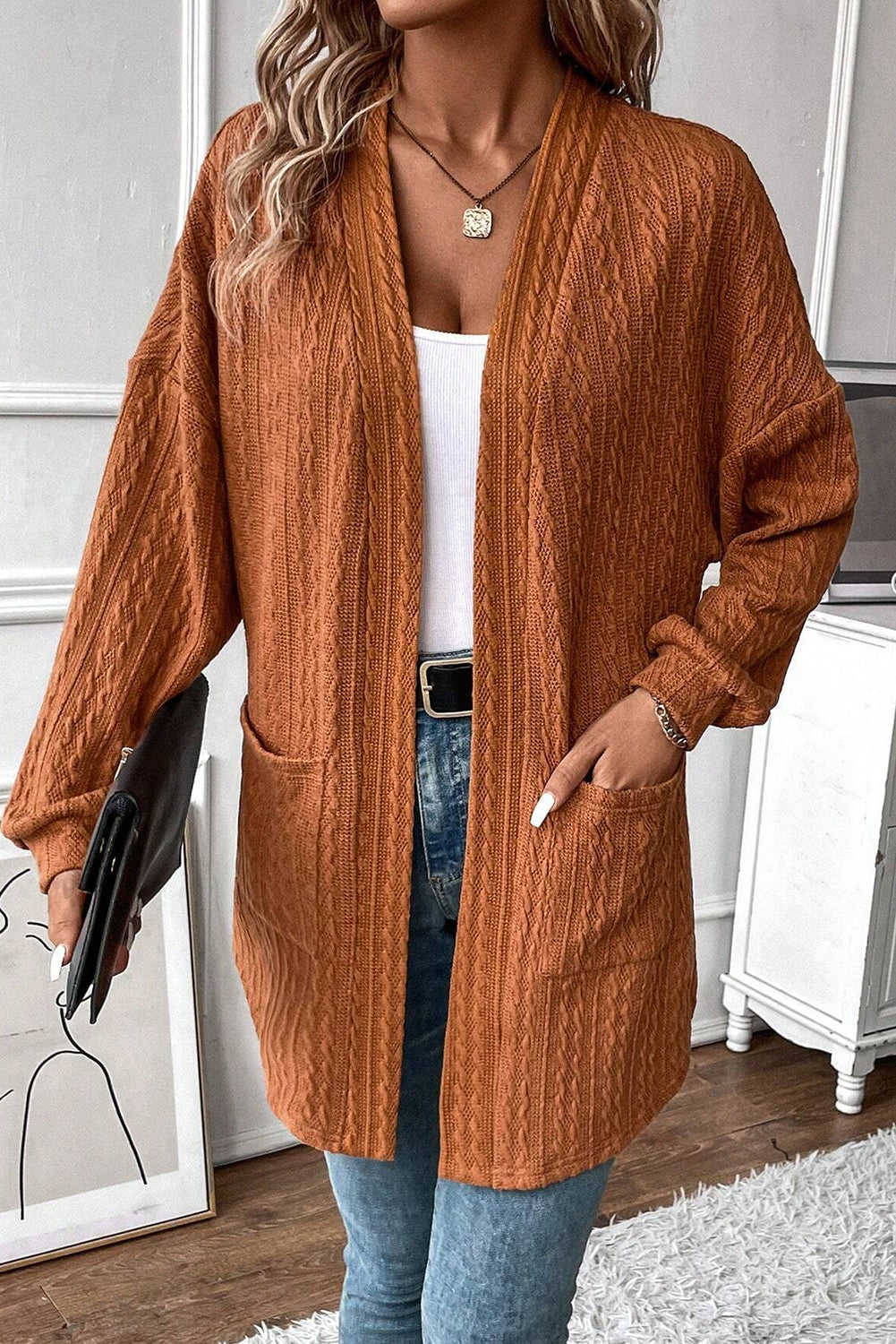 Textured Knit Side Pockets Open Front Cardigan