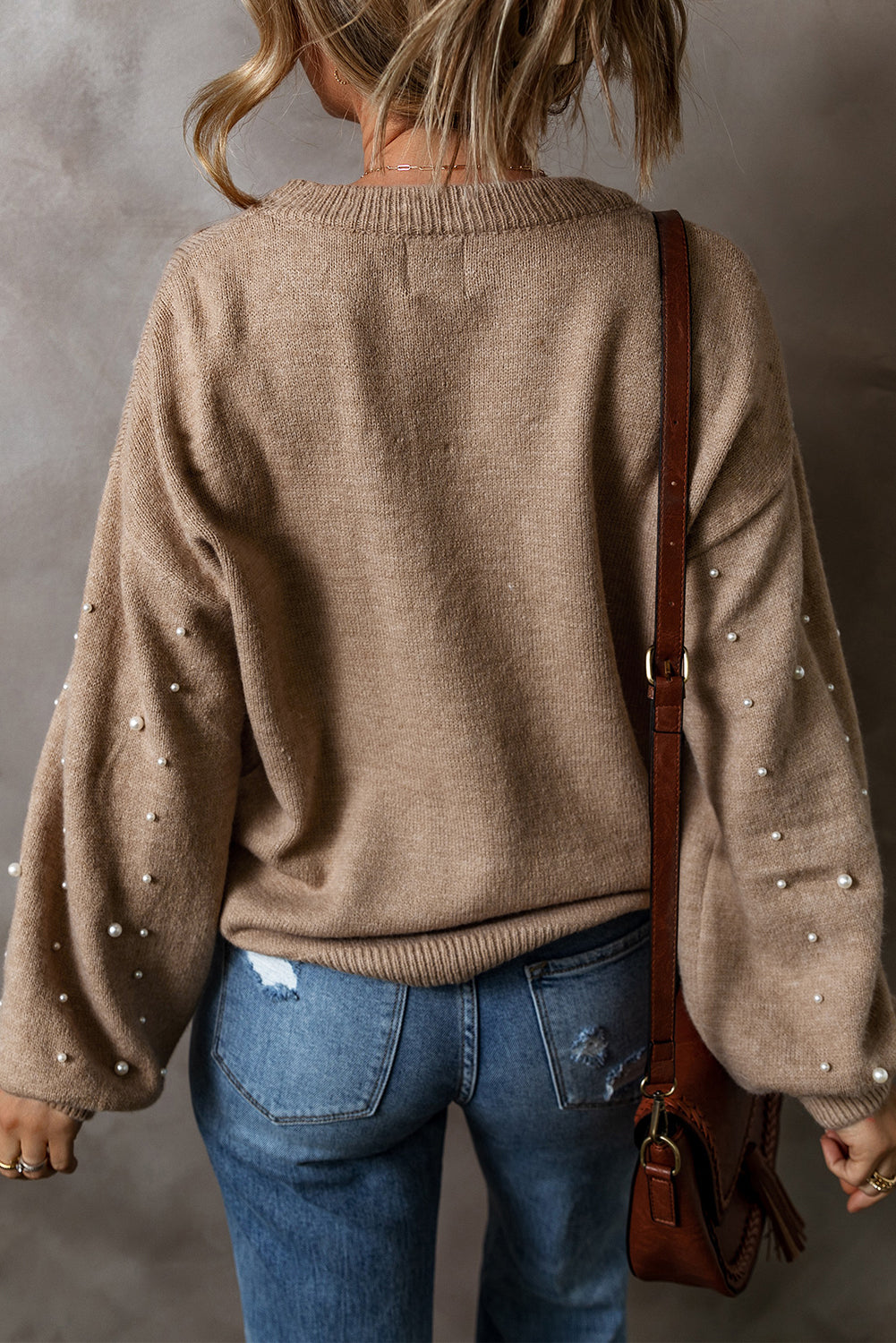 Beige Pearled Drop Shoulder Round Neck Sweater