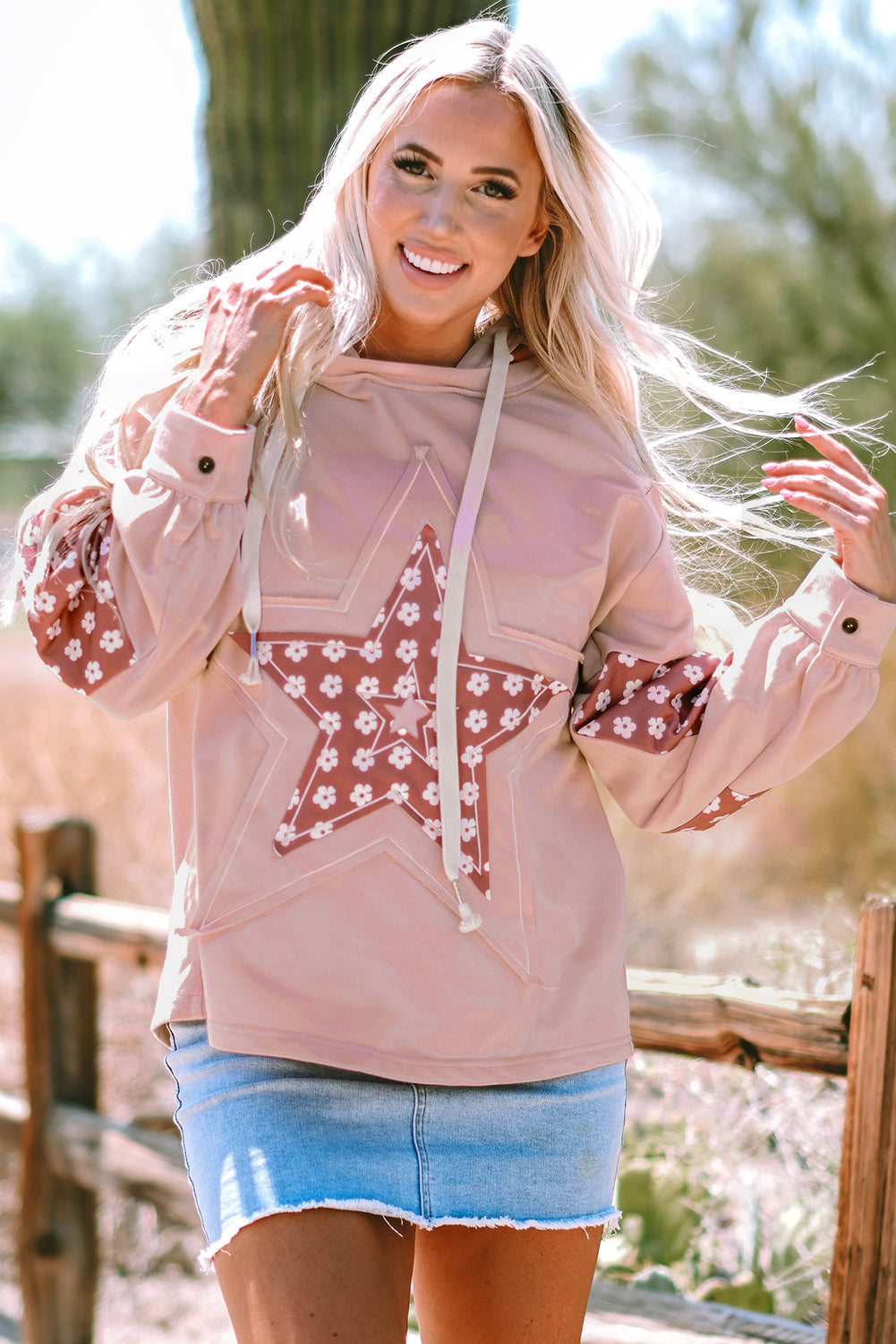 Floral Patchwork Star Pattern Drawstring Hoodie