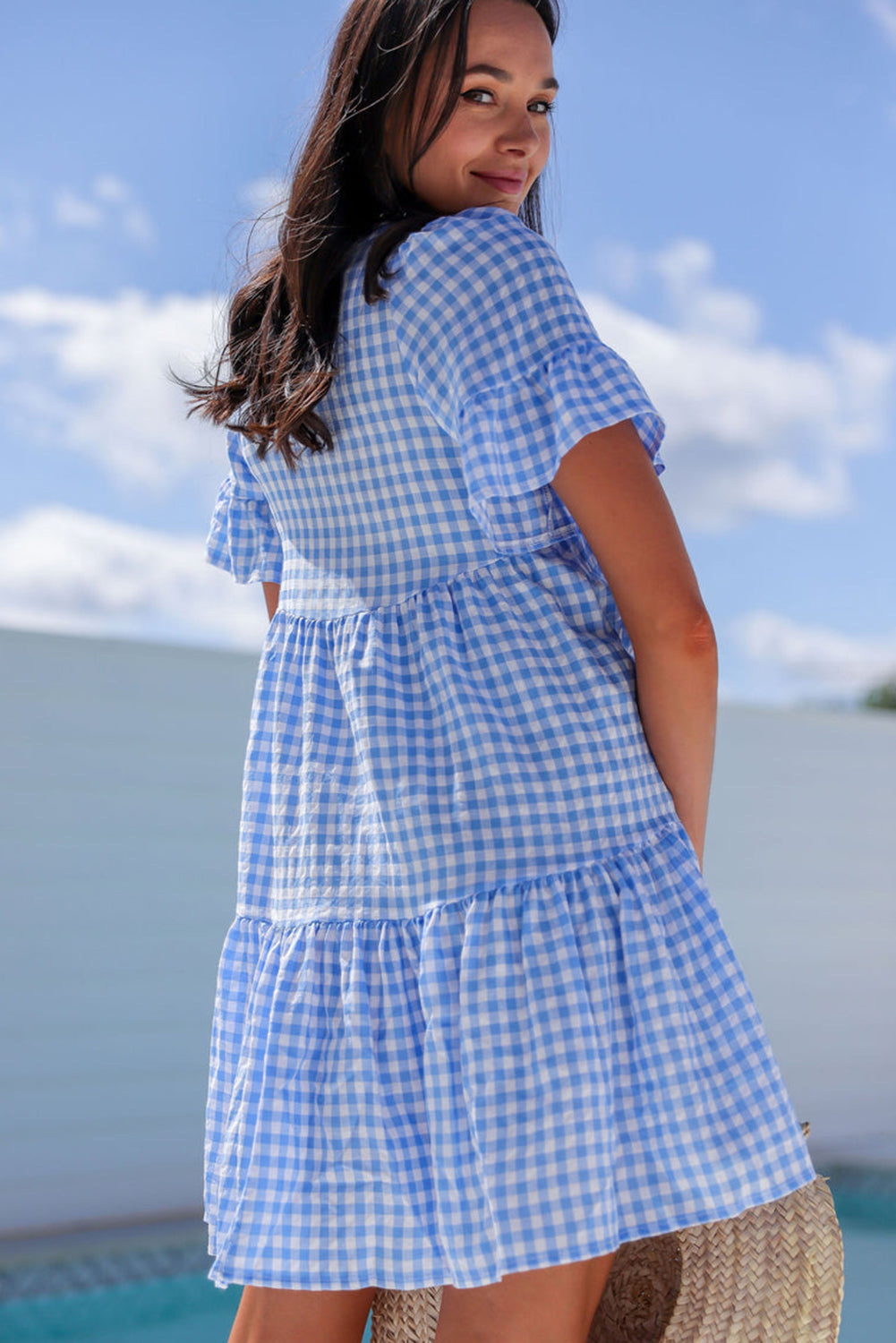 Gingham Short Sleeve Button Tie Split Neck Loose Mini Dress
