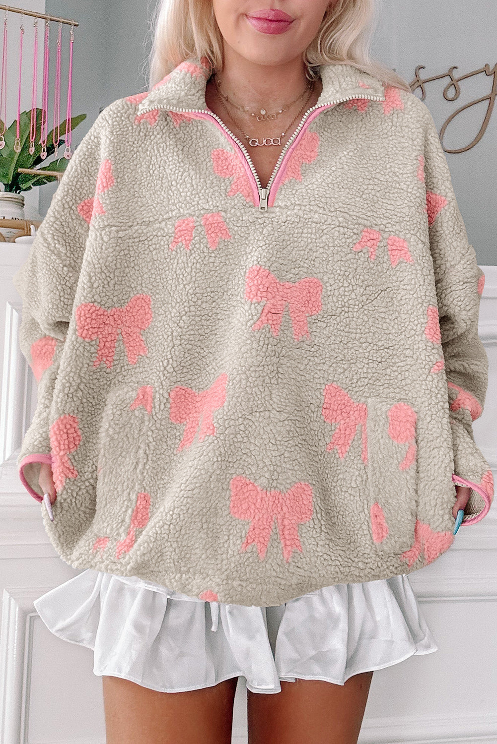 Sherpa Quarter Zip Drop Shoulder Baggy Sweatshirt