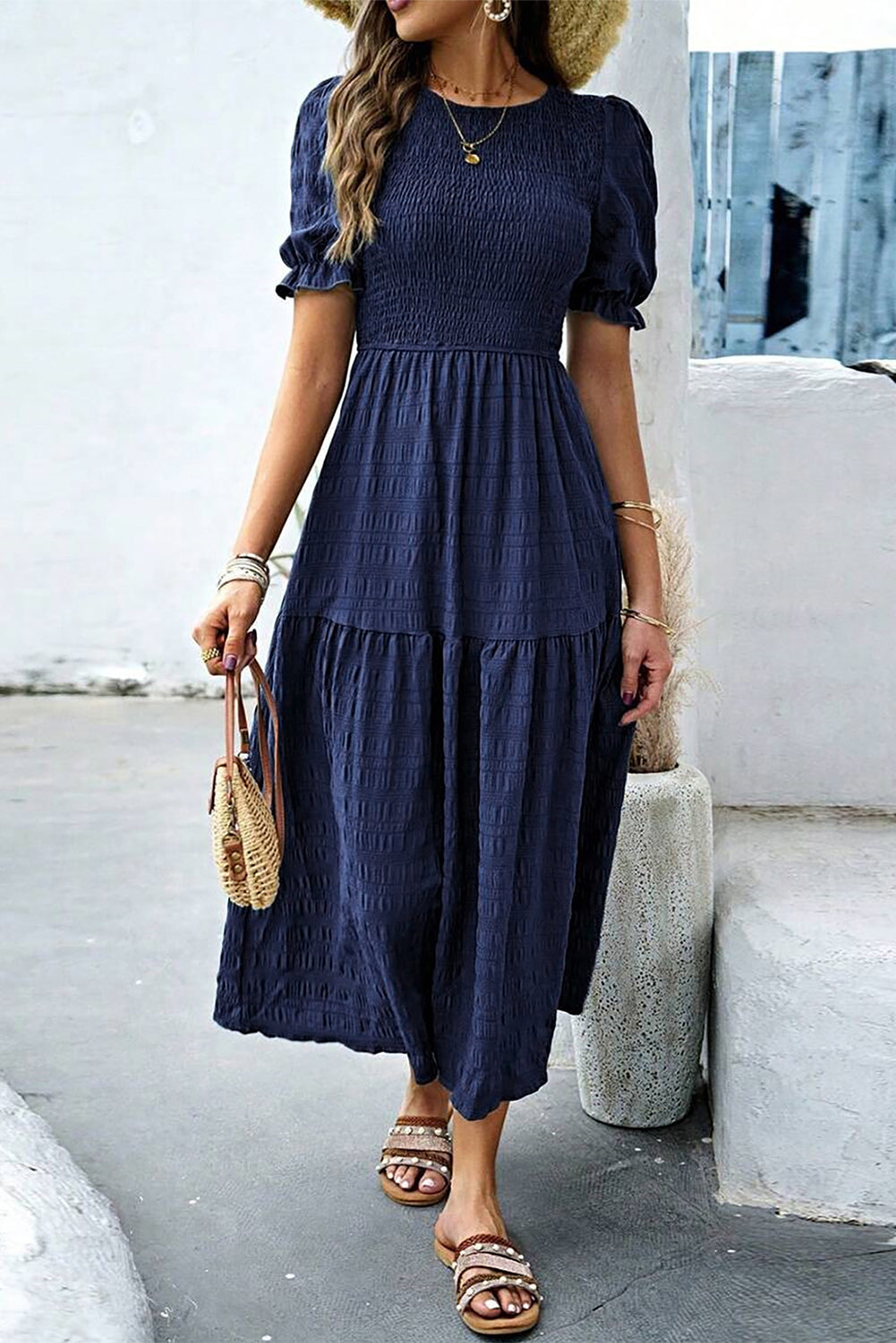 Solid Textured Smocked Puff Short Sleeve High Waist Long Dress