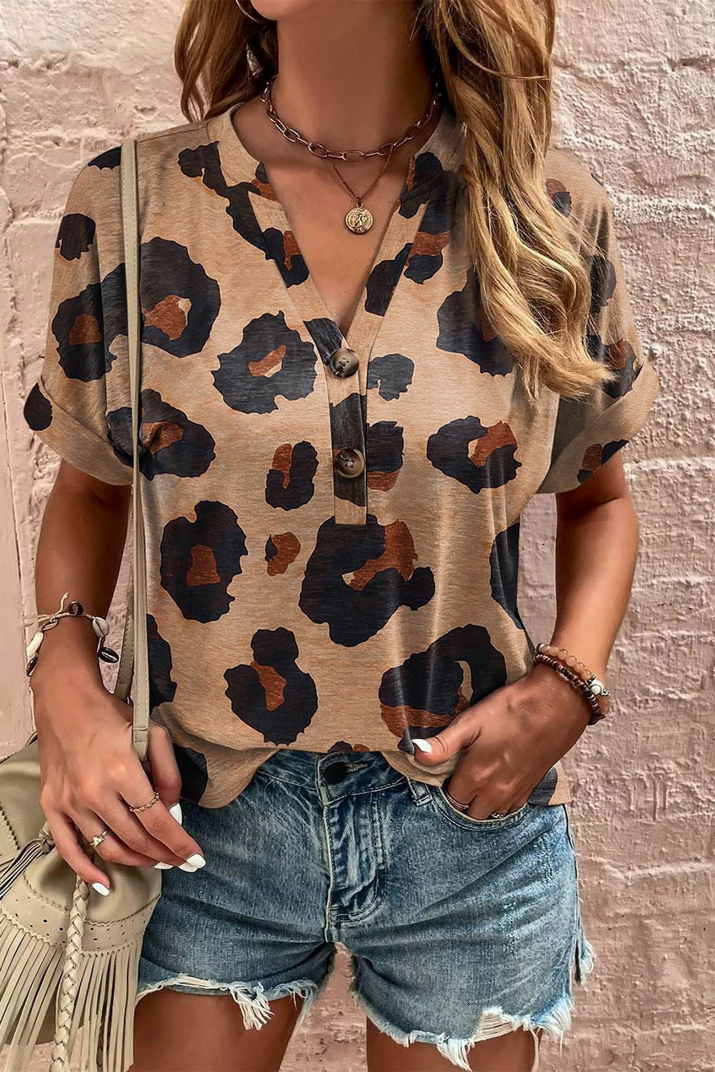 Leopard Folded Short Sleeve Buttoned V Neck T Shirt