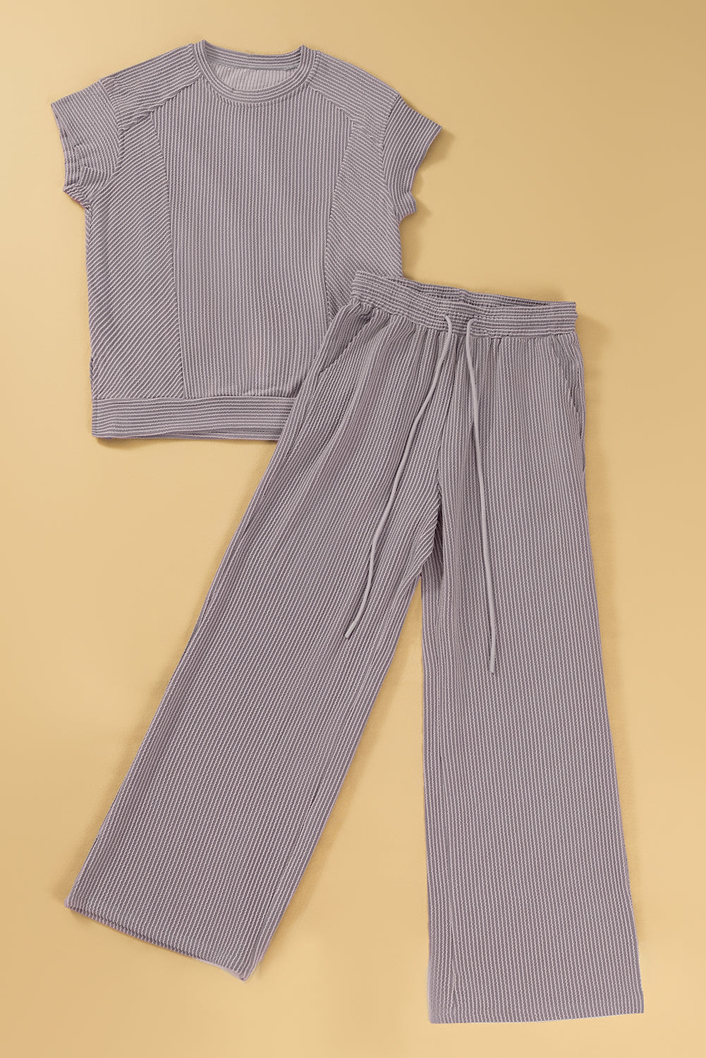 Solid Corded Knit Short Sleeve T Shirt and Wide Leg Pants Set
