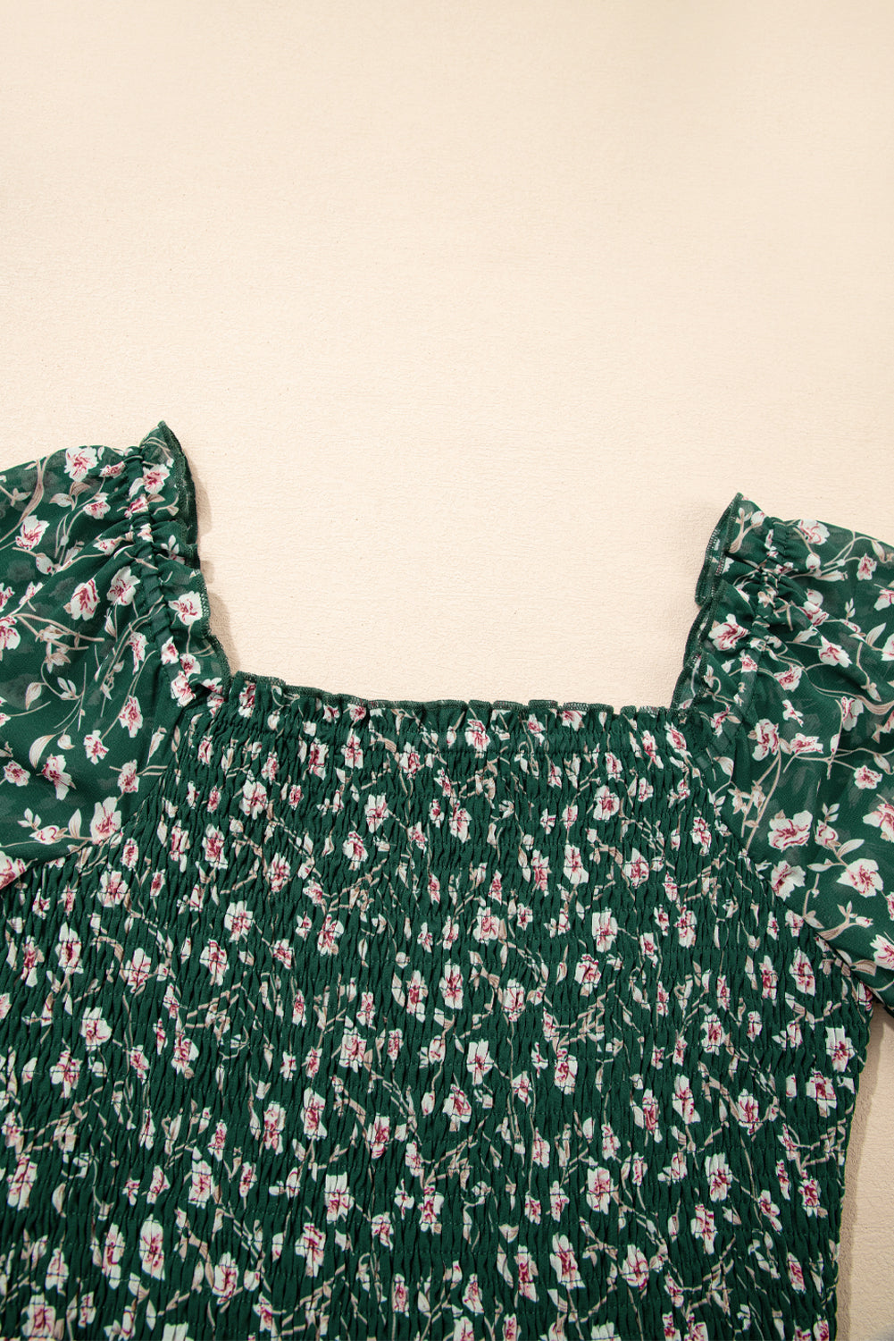 Smocked Square Neck Puff Short Sleeve Floral Dress