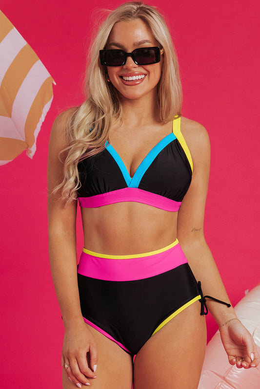 Color Block Drawstring Side V Neck High Waist Bikini Set