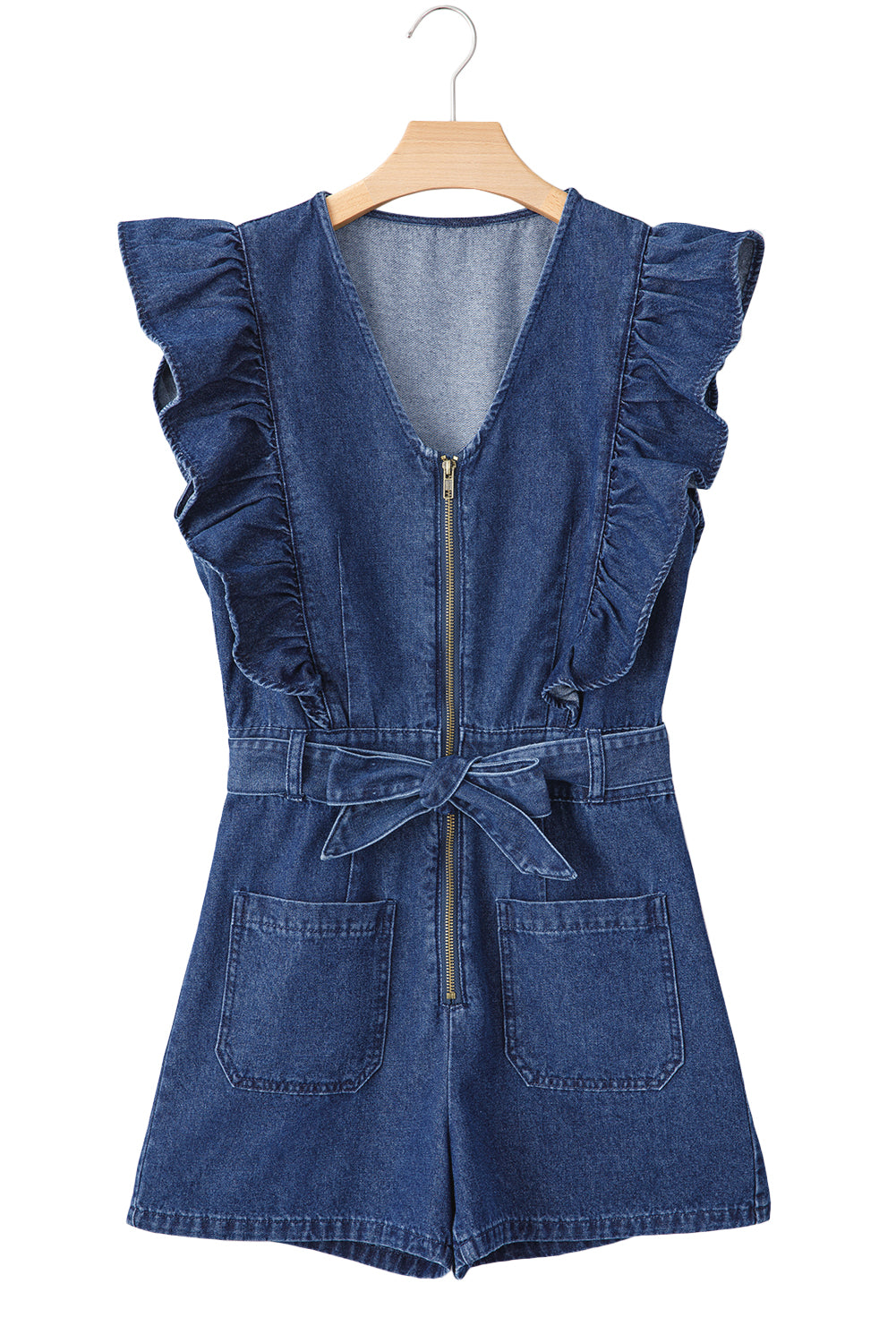 Denim Ruffled Zipped Front Belted Romper