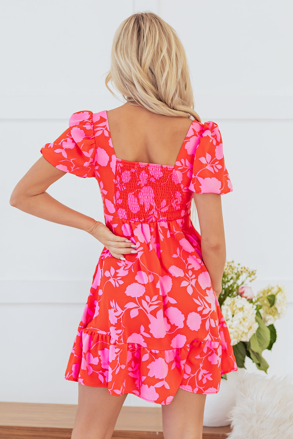 Floral Bubble Sleeve Sweetheart Neck Ruffled Mini Dress