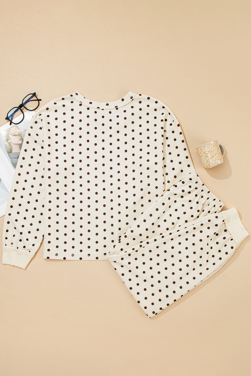 Polka Dot Print Notched Neck Long Sleeve Top Drawstring Jogger Pants Waffle Knit Lounge Set