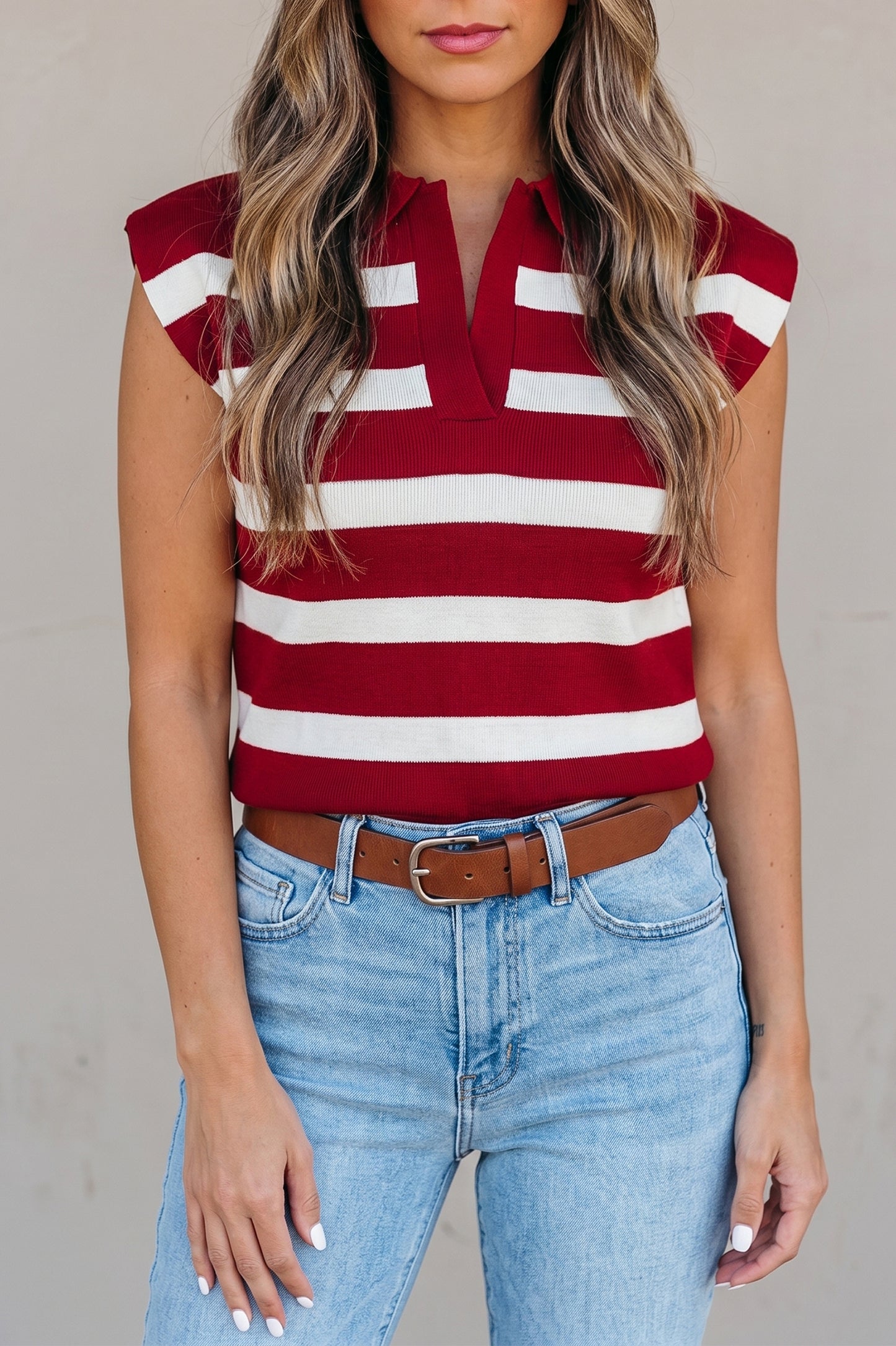 Stripe Collared Split Neck Sweater Vest
