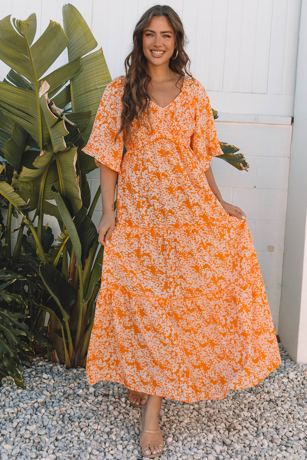 Floral Print Smocked V Neck Wide Sleeve Maxi Dress