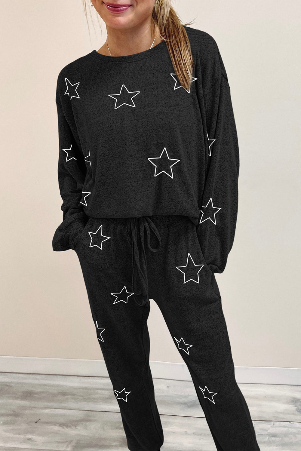 Stars Print Long Sleeve Drawstring High Waist Lounge Set