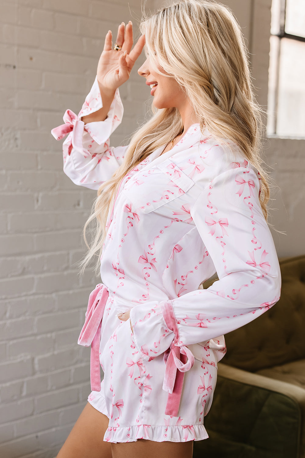 Satin Bow Bell Sleeve Shirt and Ruffled Shorts Pajama Set