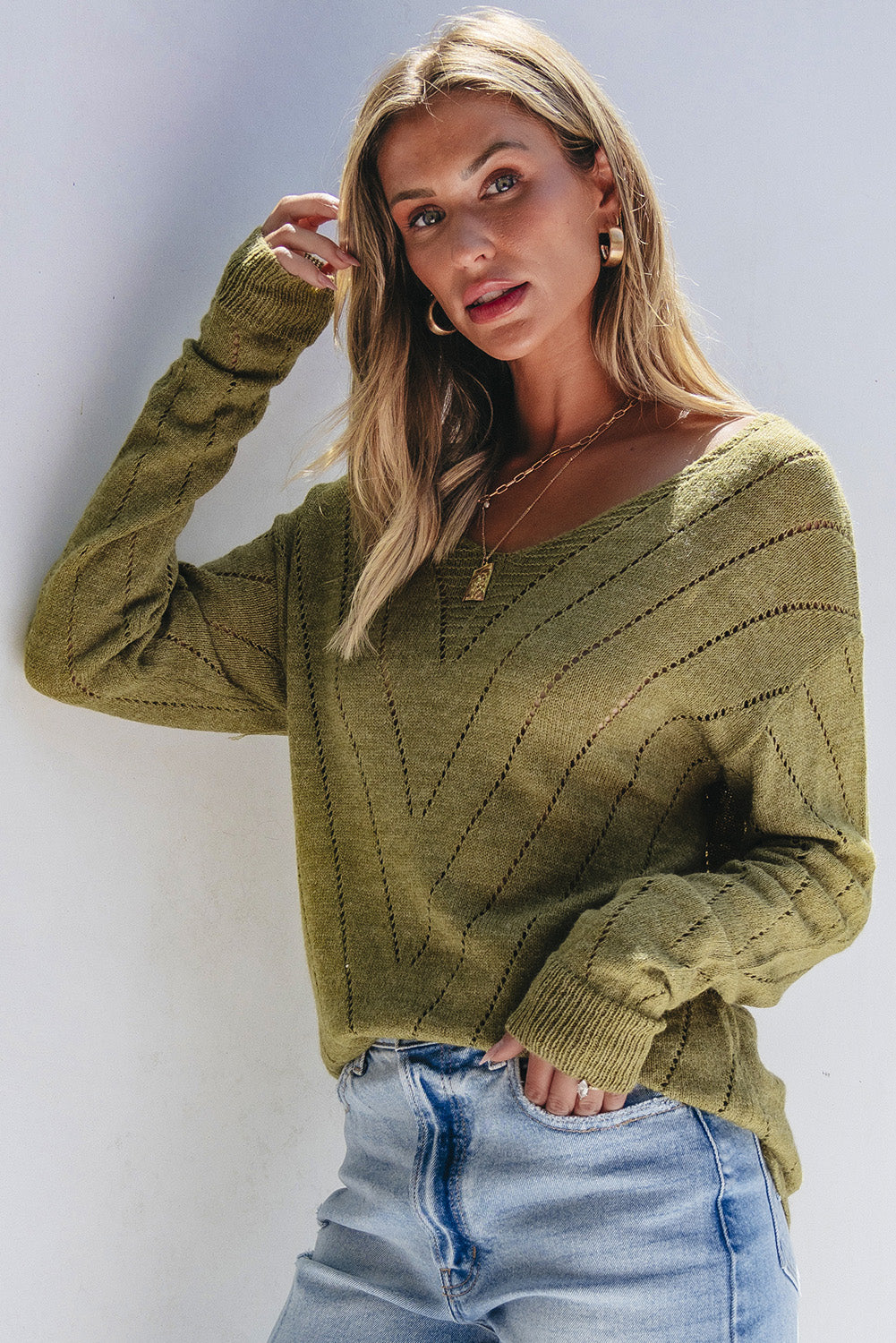 Solid Eyelet Drop Shoulder V Neck Sweater