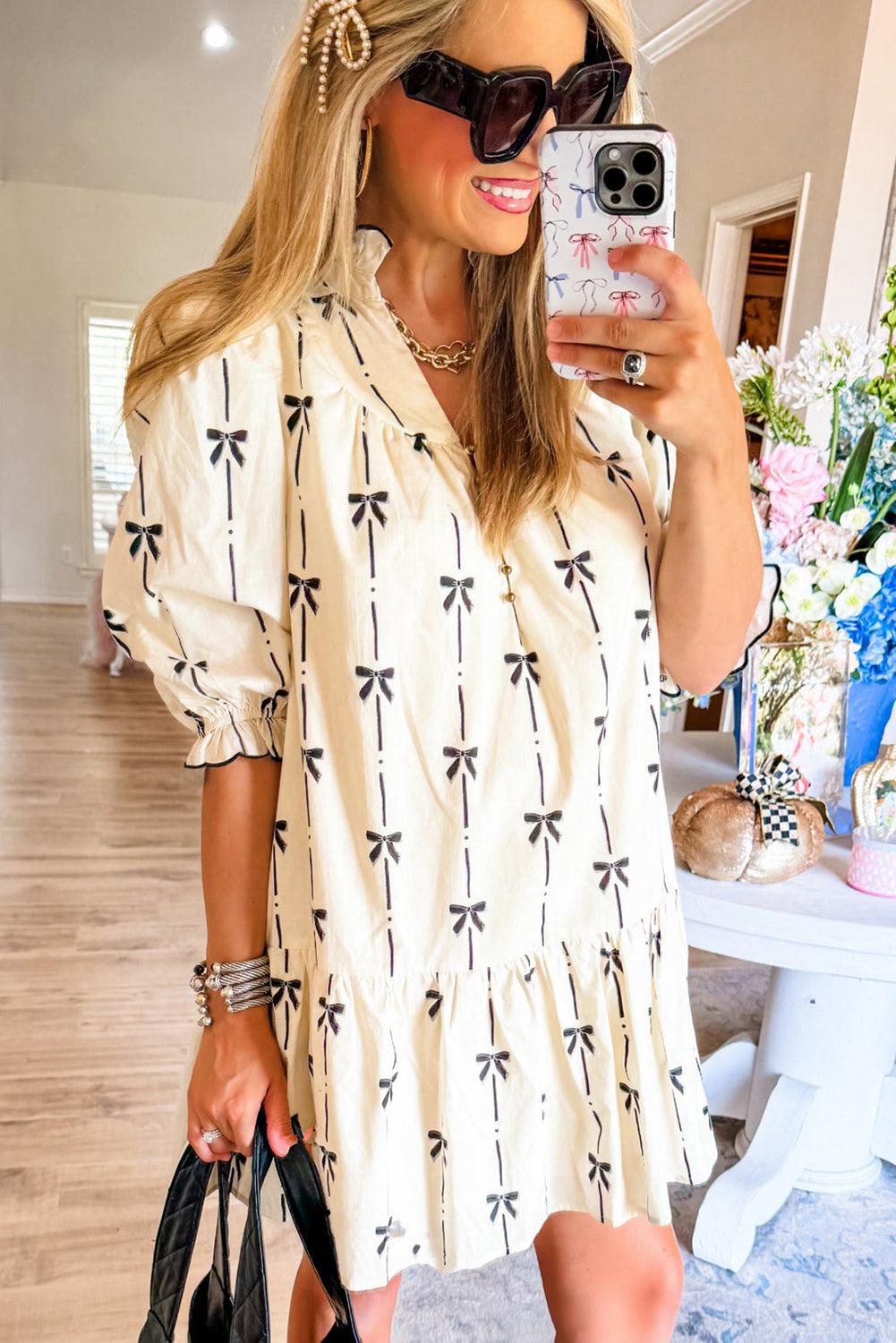 Cute Bowknot Printed Bubble Sleeve V Neck Mini Dress