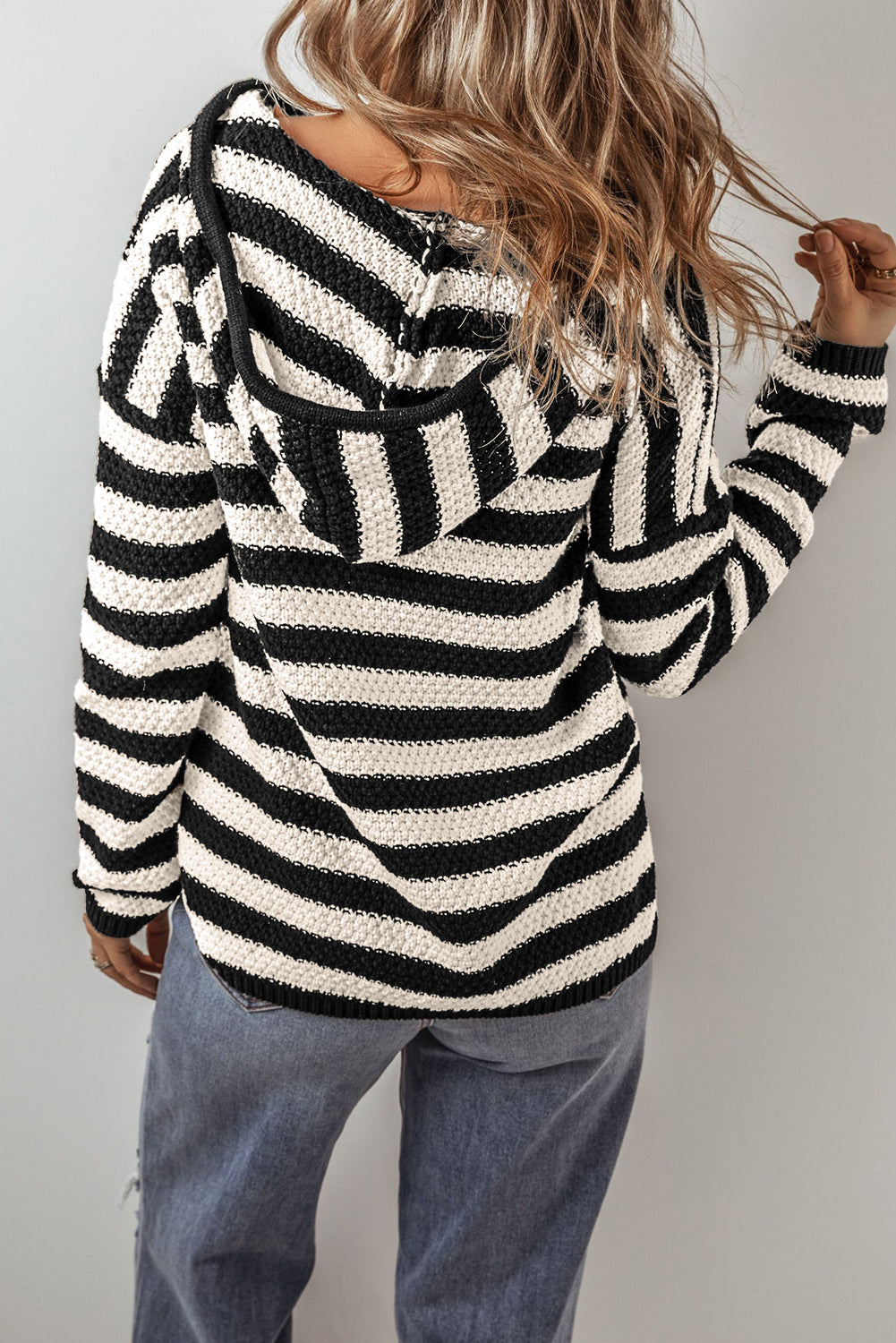 Stripe V Neck Pocketed Drawstring Hooded Sweater