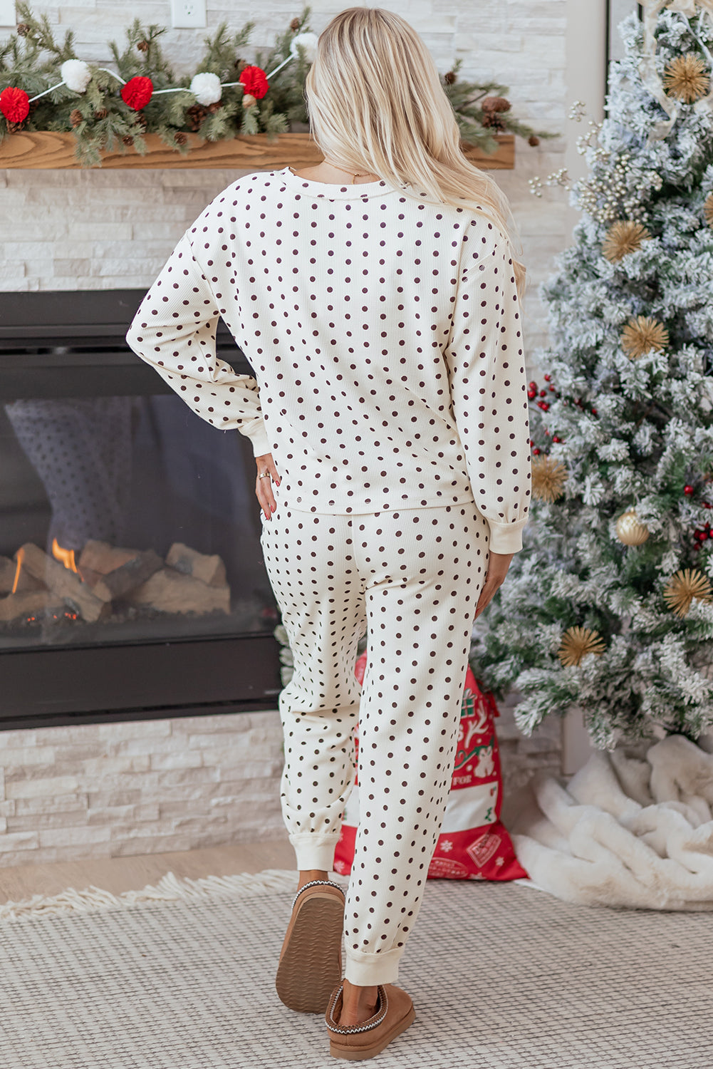 Polka Dot Print Notched Neck Long Sleeve Top Drawstring Jogger Pants Waffle Knit Lounge Set