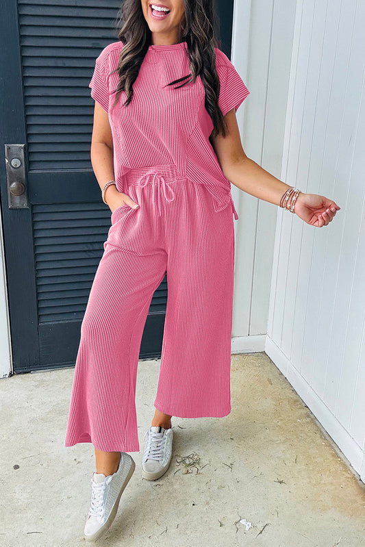 Solid Corded Knit Short Sleeve T Shirt and Wide Leg Pants Set