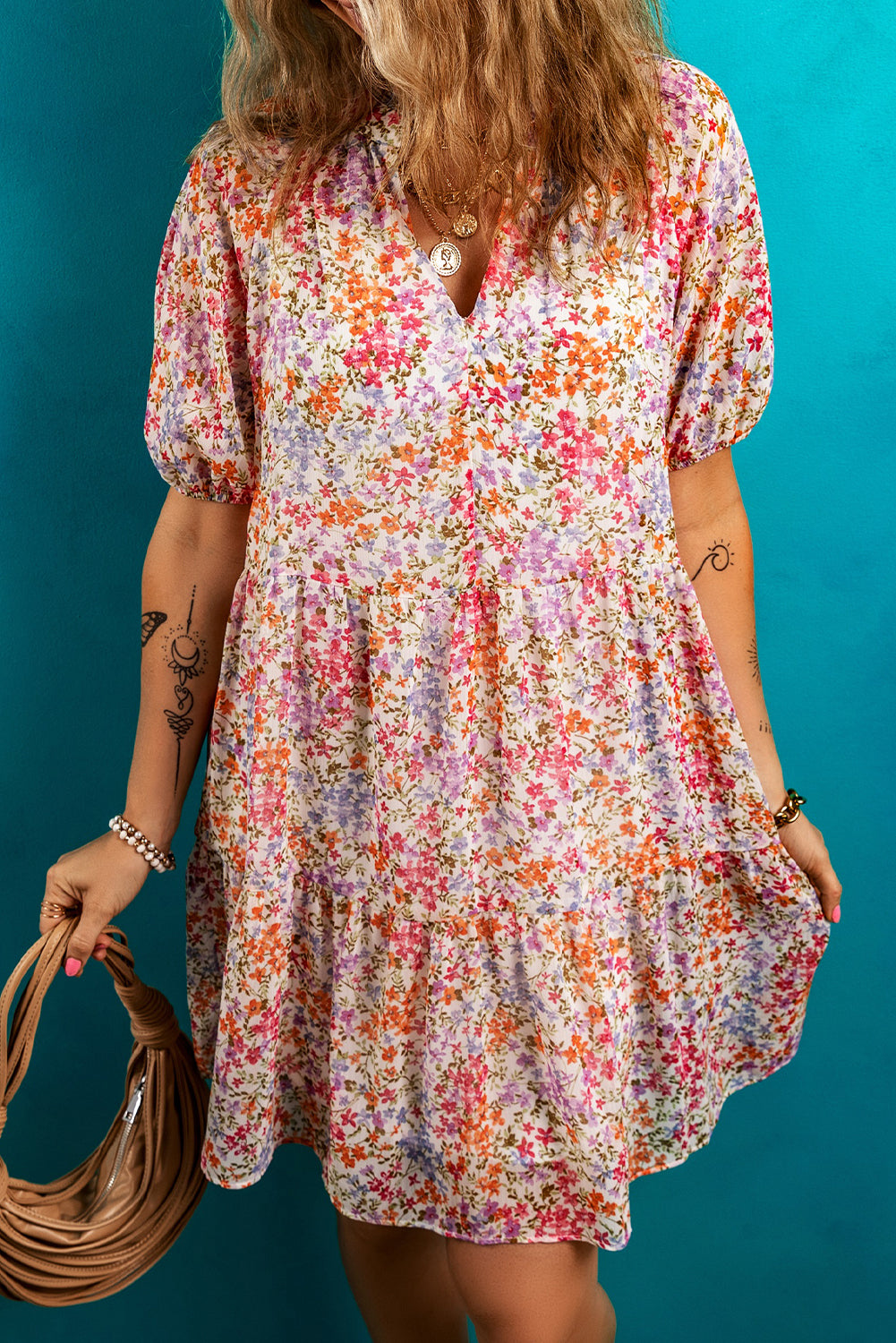 Floral Puff Sleeve Notched V Neck Tiered Mini Dress