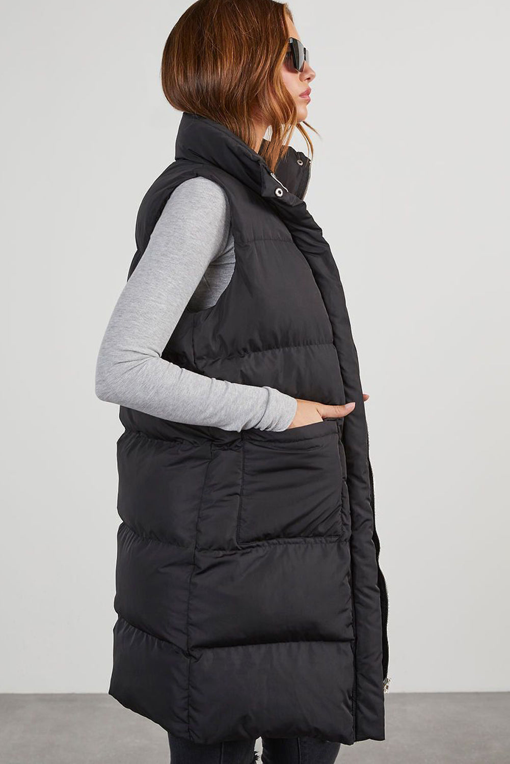 Windproof Longline Full Zipper Puffer Vest with Pockets