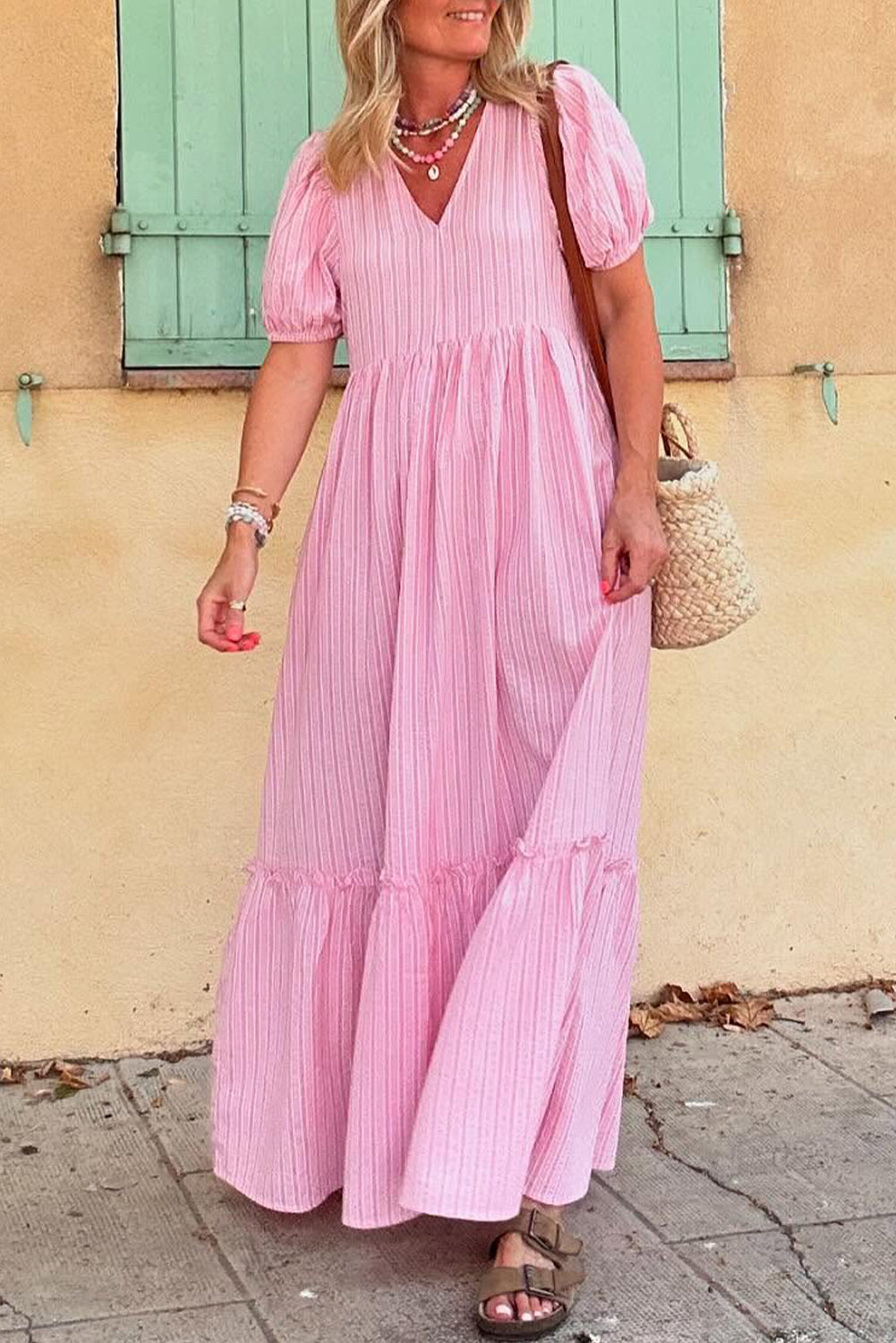 Stripe V Neck Puff Short Sleeve Maxi Dress