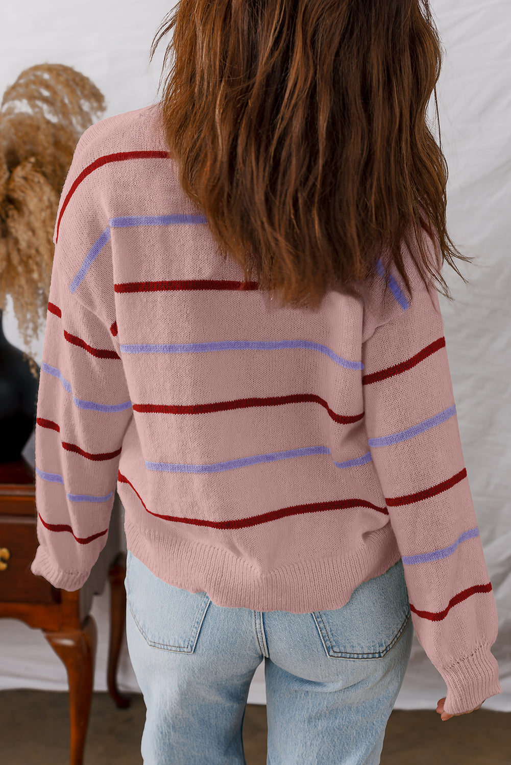 Stripe Ribbed Edge Drop Shoulder Sweater