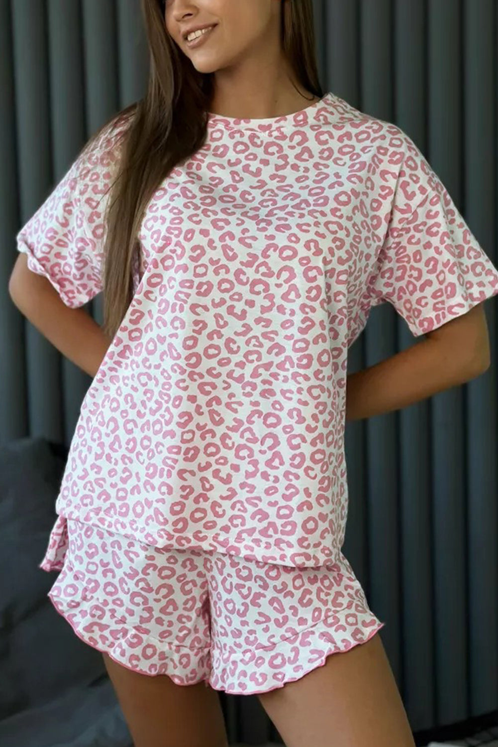 Leopard Print Crew Neck Tee and Ruffled Shorts 2 Lounge Set