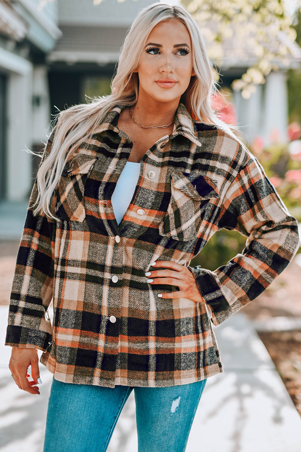 Geometric Plaid Print Pocketed Shacket