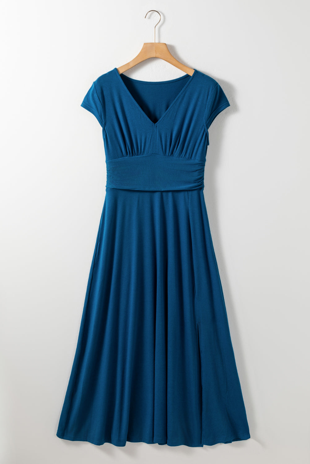 Short Sleeve Shirred High Waist V Neck Maxi Dress