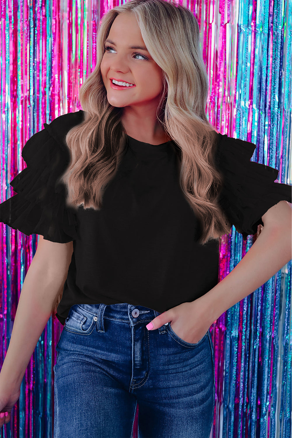 Tulle Ruffle Sleeve Blouse