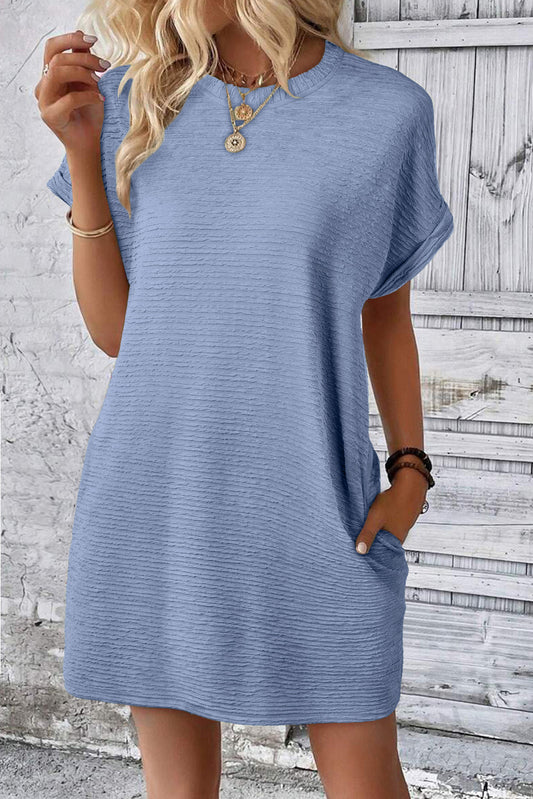 Solid Color Textured Crinkle Short Sleeve T Shirt Dress