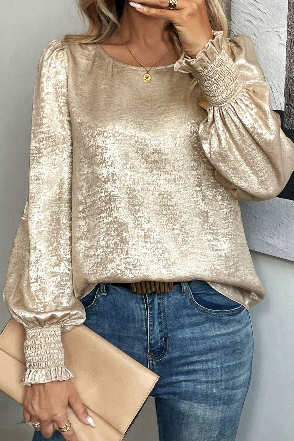 Metallic Round Neck Smocked Long Sleeve Blouse