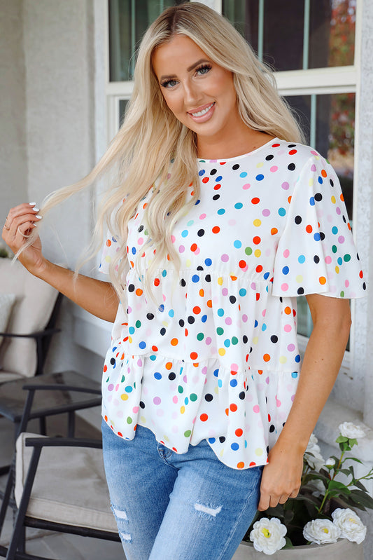 Colorful Polka Dot Short Sleeve Tiered Ruffled Babydoll Blouse