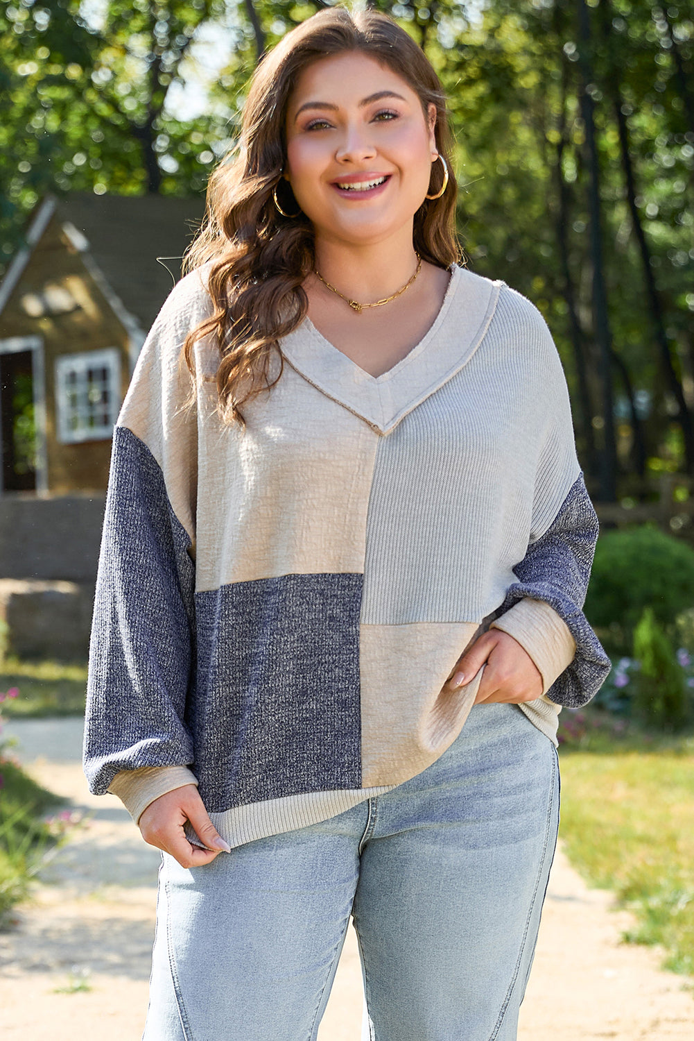 Plus Size Textured Colorblock Patchwork V Neck Top