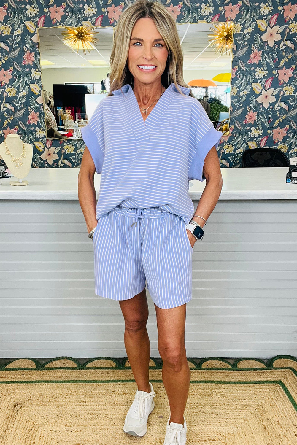 Stripe Dolman Sleeve Polo Shirt and Drawstring Shorts Set