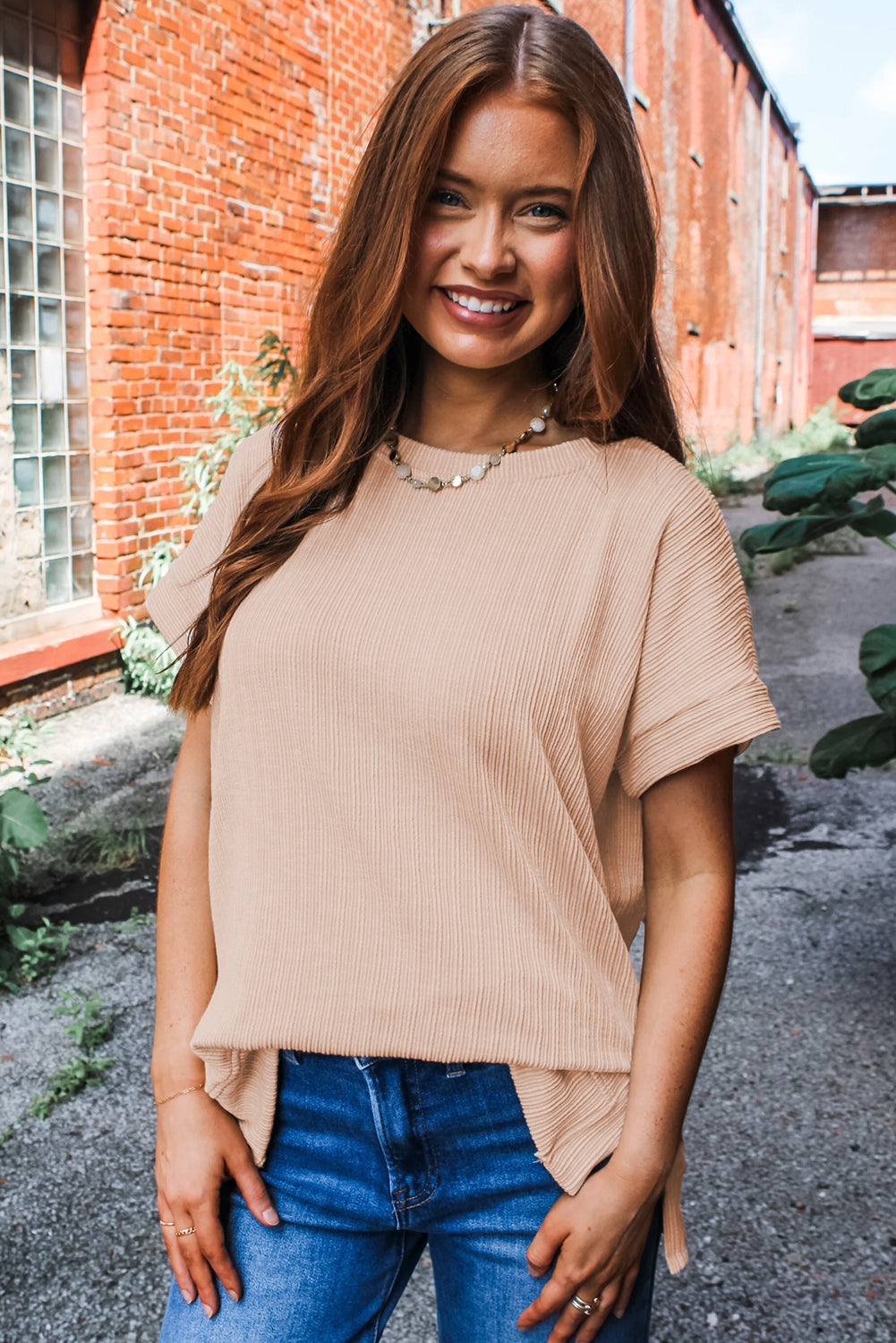 Textured Knit Round Neck Short Sleeve Top