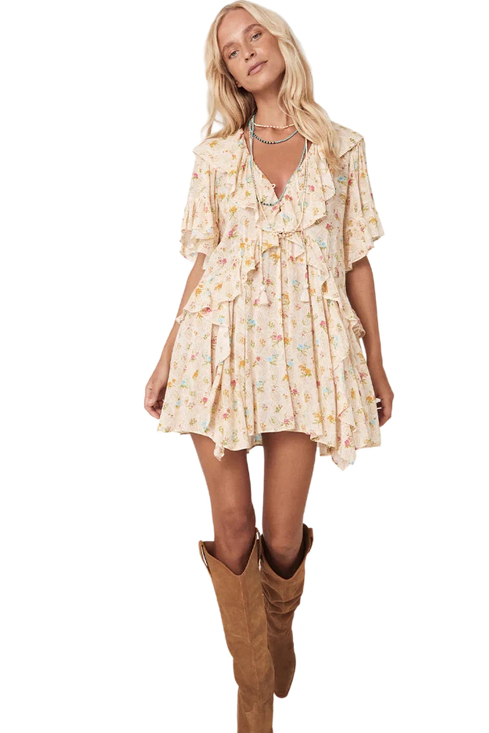 Boho Floral Tassel Tie V Neck Ruffle Wide Sleeve Mini Dress