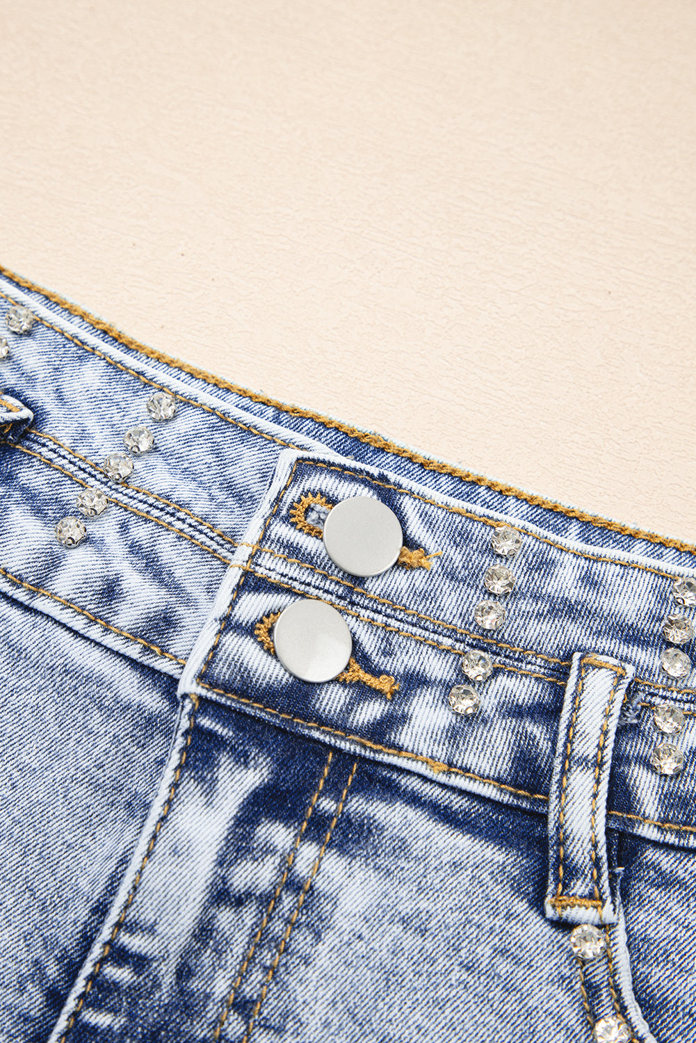 Rhinestone Light Wash Raw Hem High Waist Denim Shorts