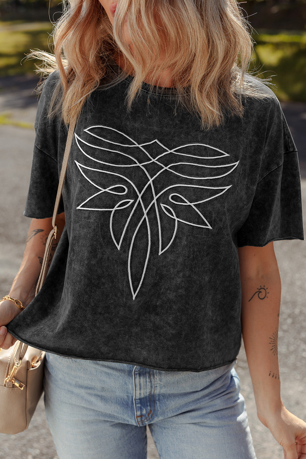 Floral Embroidered Mineral Wash Crew Neck T Shirt