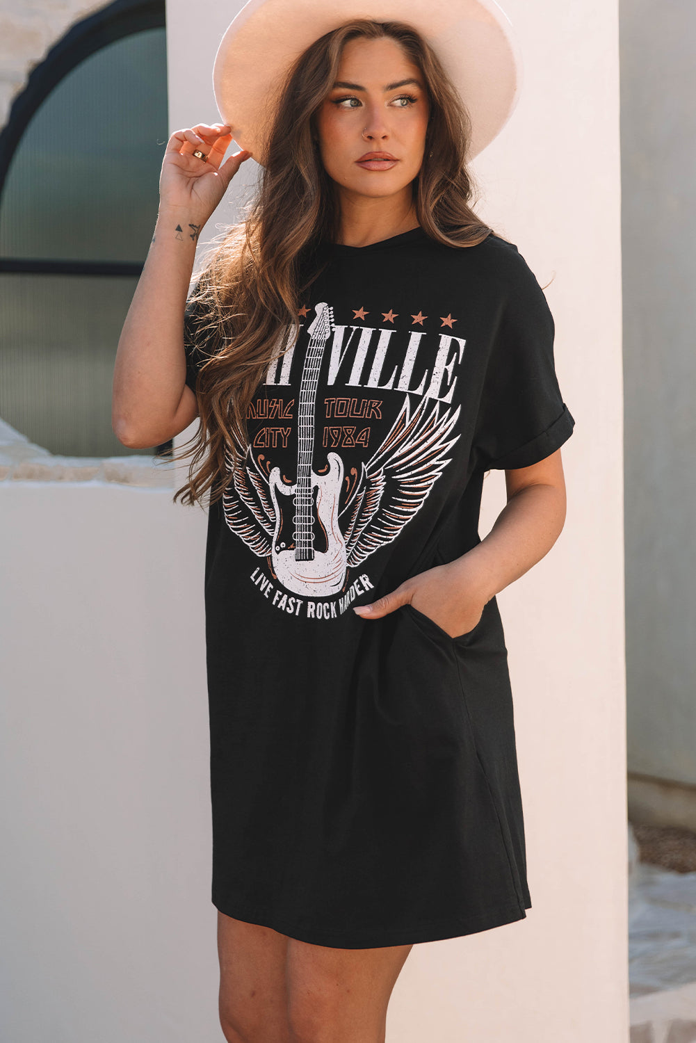 Nashville Guitar Print Crew Neck T Shirt Mini Dress