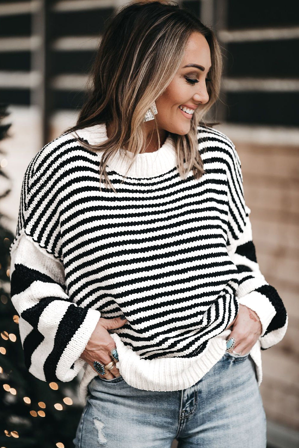 Striped Drop Shoulder Bishop Sleeve Knit Sweater