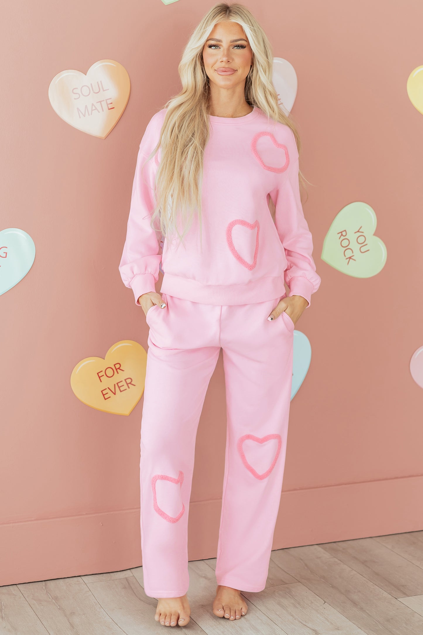 Chenille Heart Pattern Casual 2pcs Pants Set