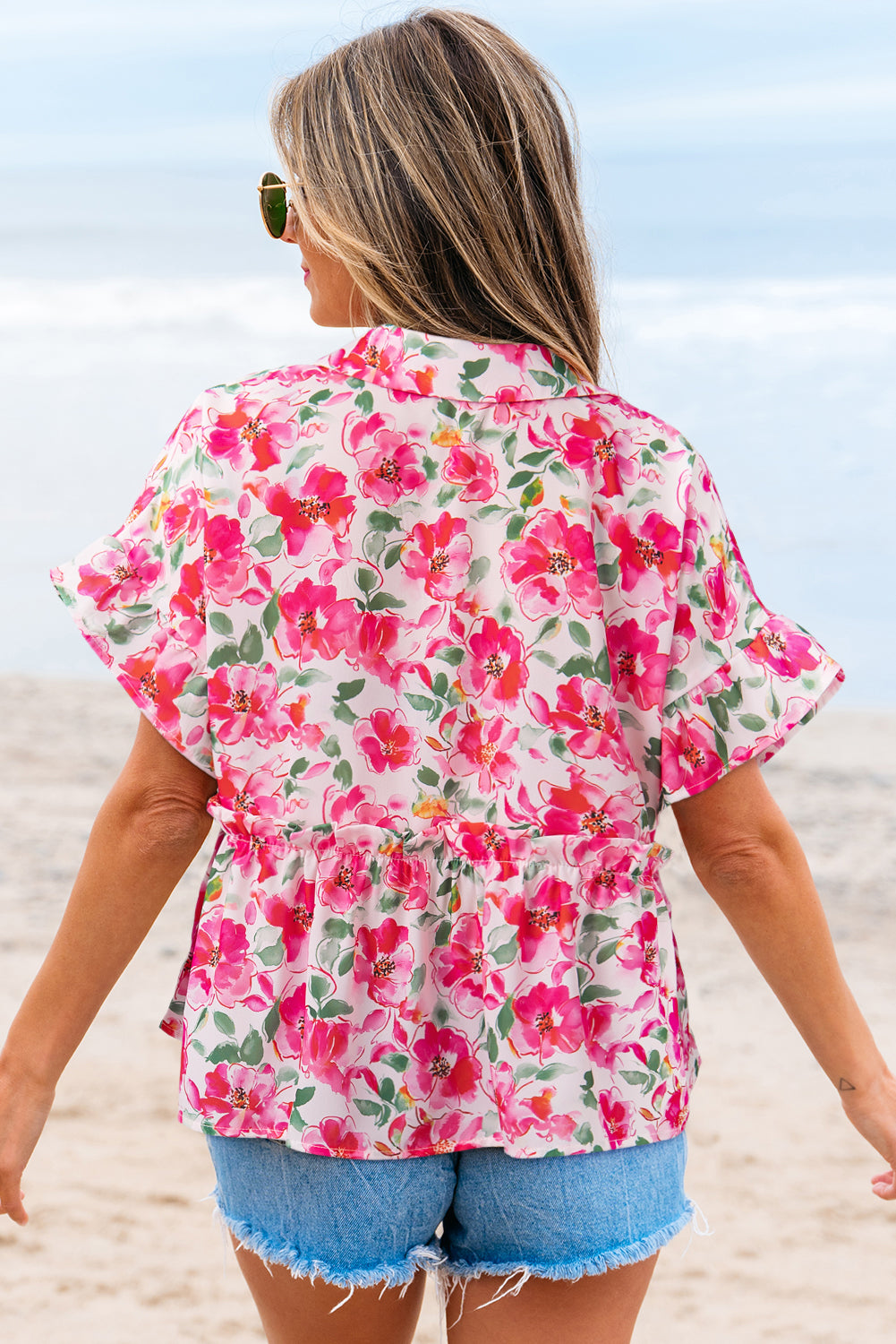 Floral Boxy Fit Ruffled Short Sleeve V Neck Blouse