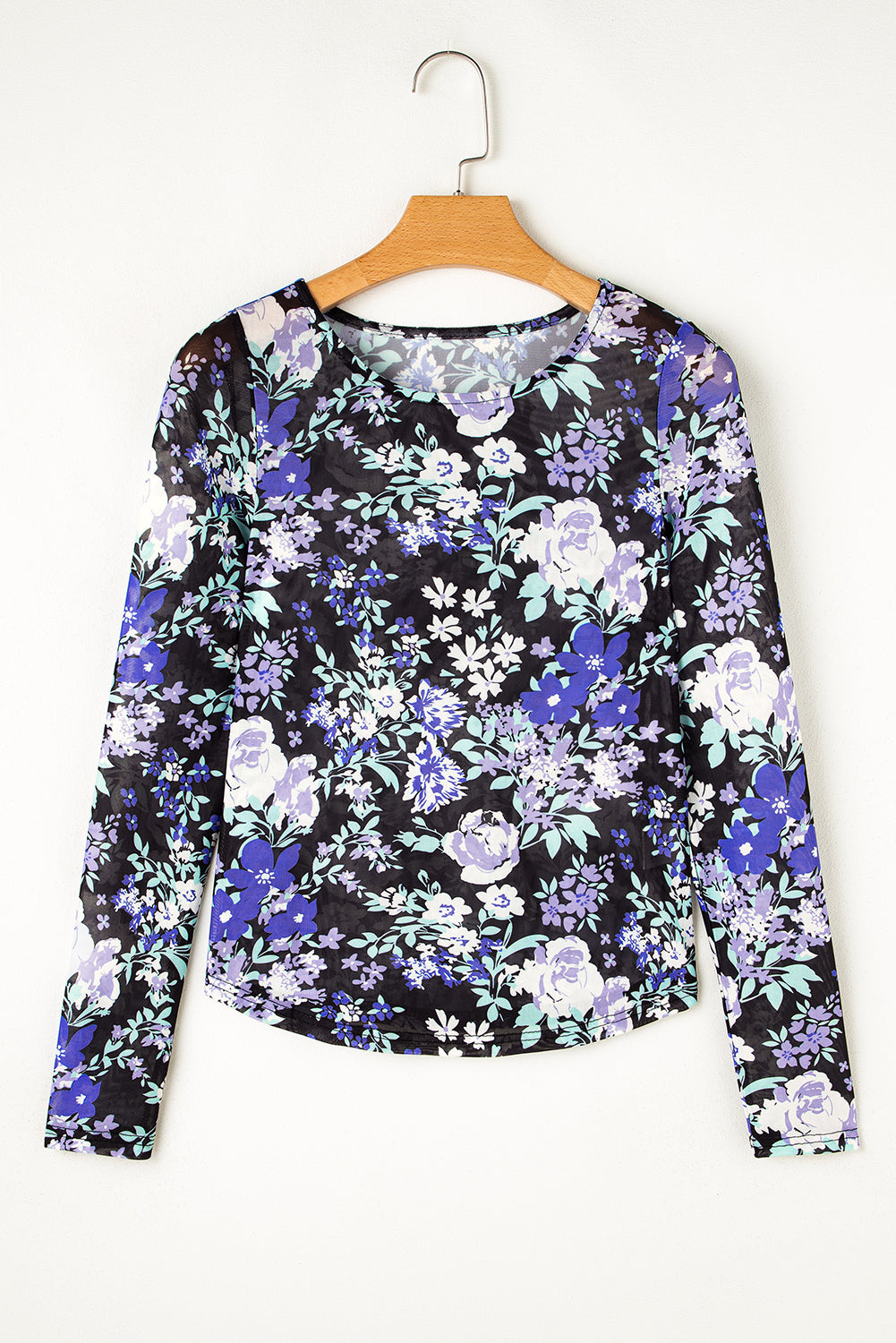 Floral Print Mesh Fitted Long Sleeve Top