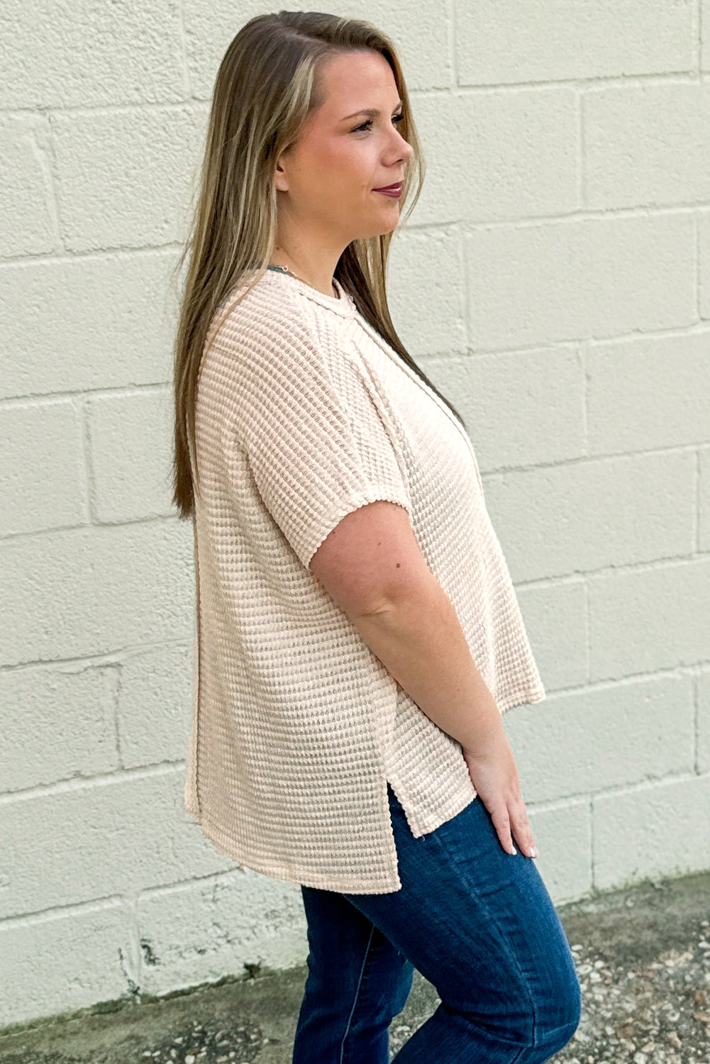 Waffle Exposed Seam Detail Plus Size Short Sleeve Top