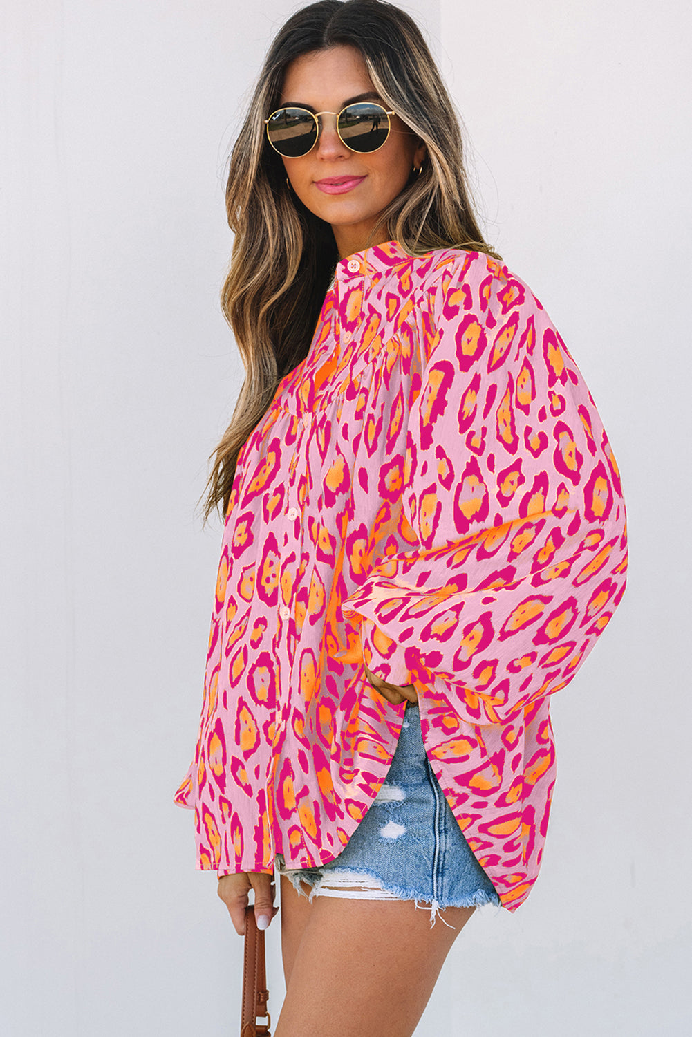 Oversized Leopard Print Balloon Sleeve Casual Shirt