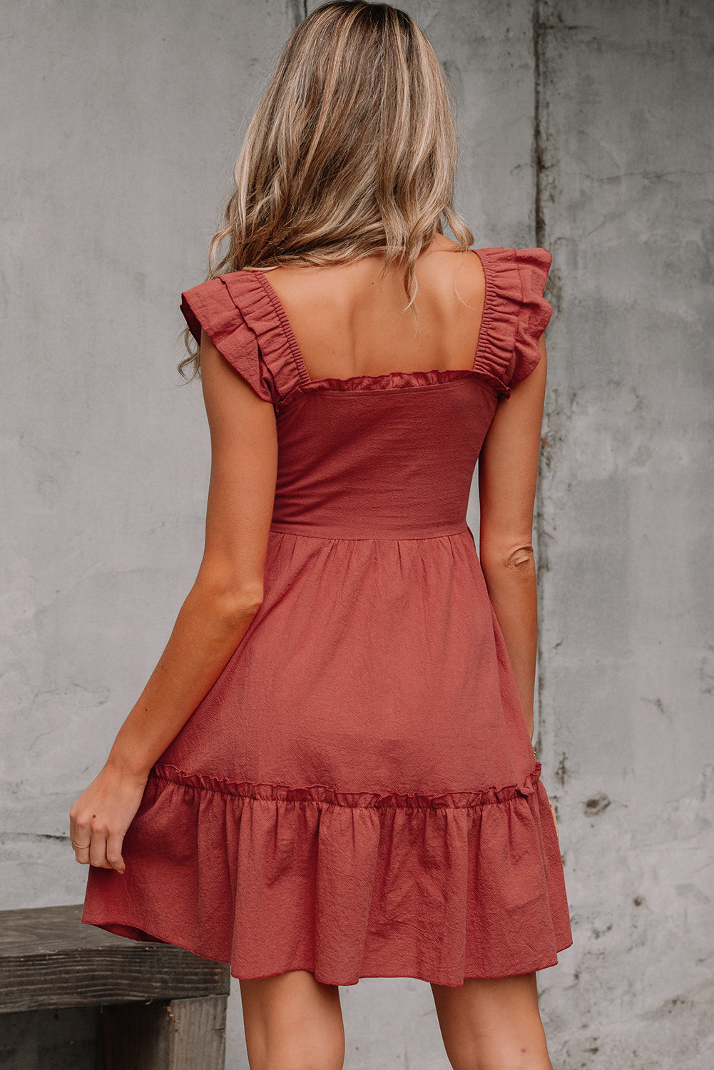 Geometric Stitch Shirred Bodice Ruffled Trim Sleeveless Mini Dress